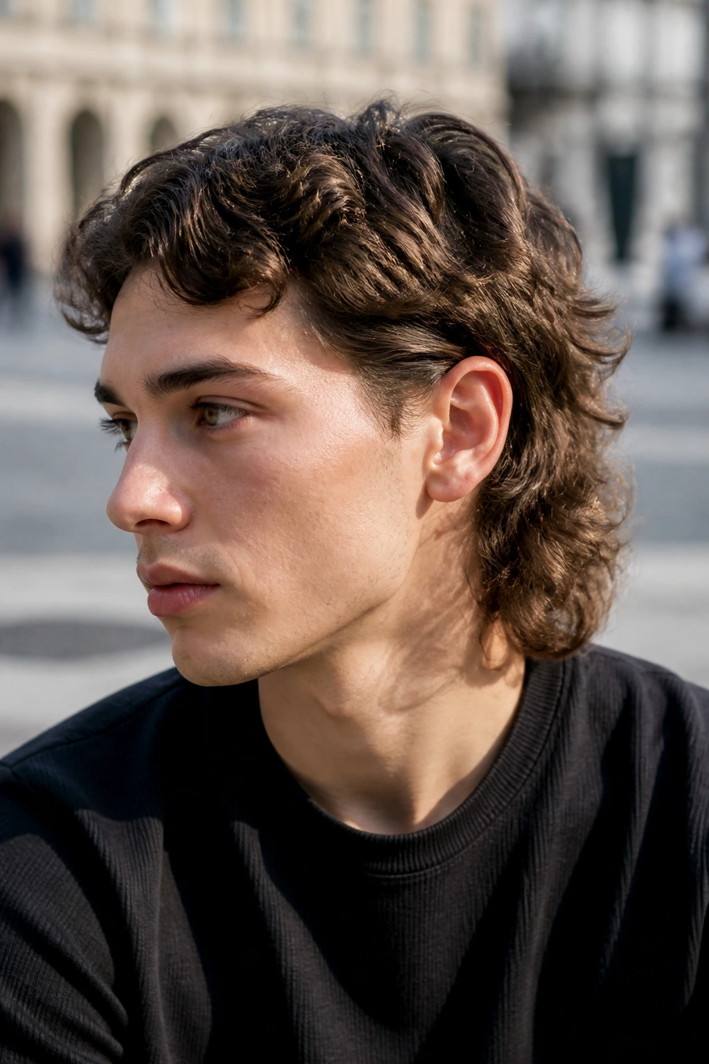 Profile close-up of a real person with an ear-tuck mullet, ears visible.