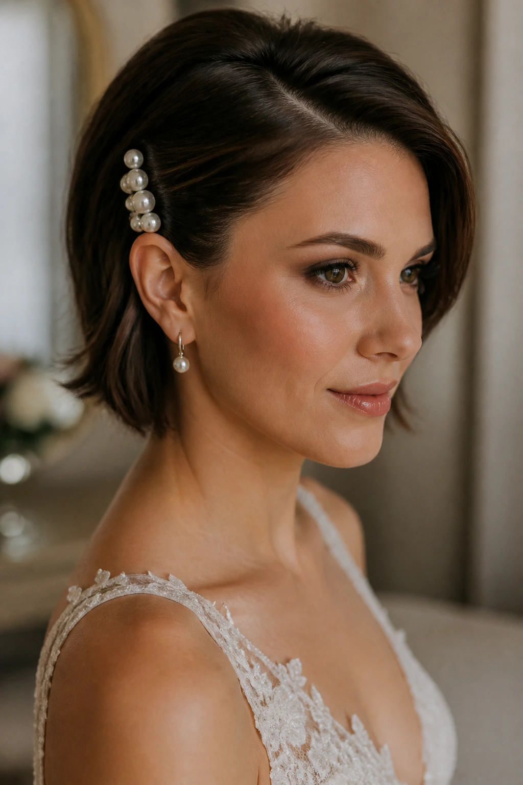 Close-up of a real bride with an ear-tuck and pearl pins along the temple