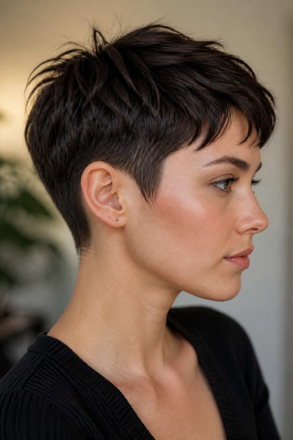 Close-up profile showing ear tucked behind pixie hair for a sharper silhouette