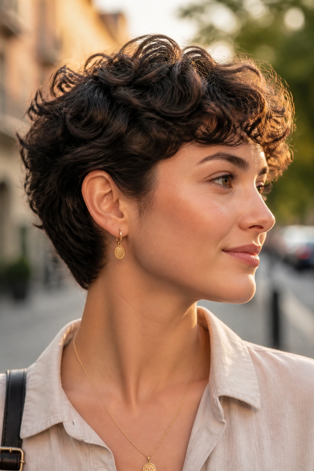 Close-up portrait of a real person with a soft ear-tuck pixie behind the ear