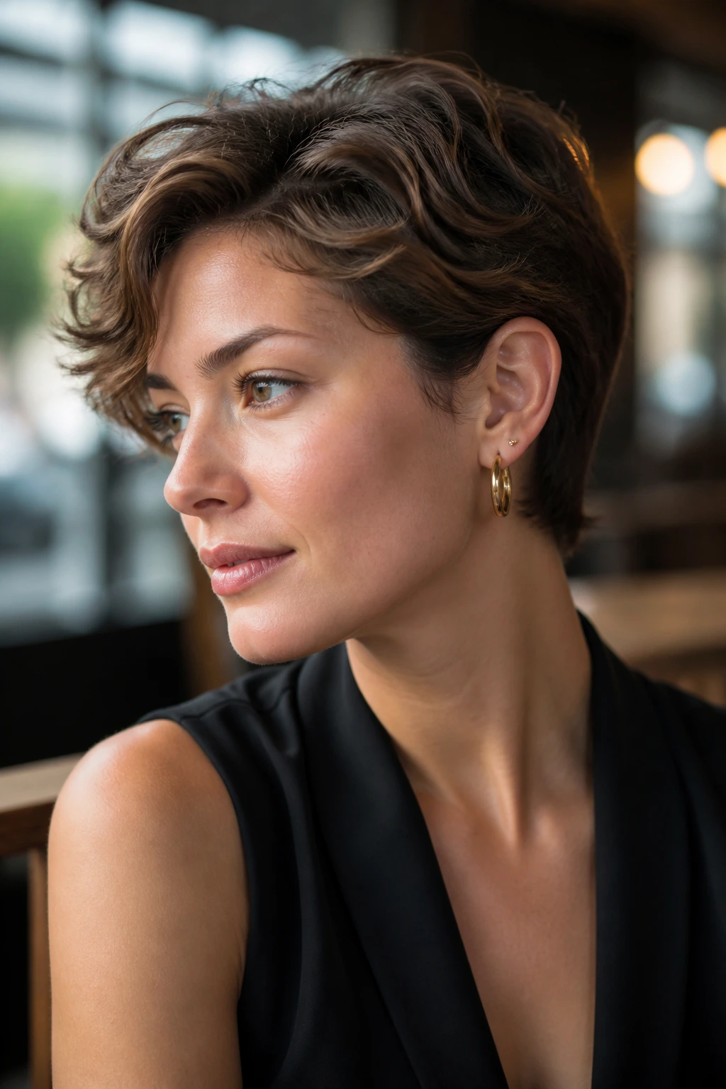 Close-up of a woman with an ear-tuck pixie showing tucked hair and visible jawline