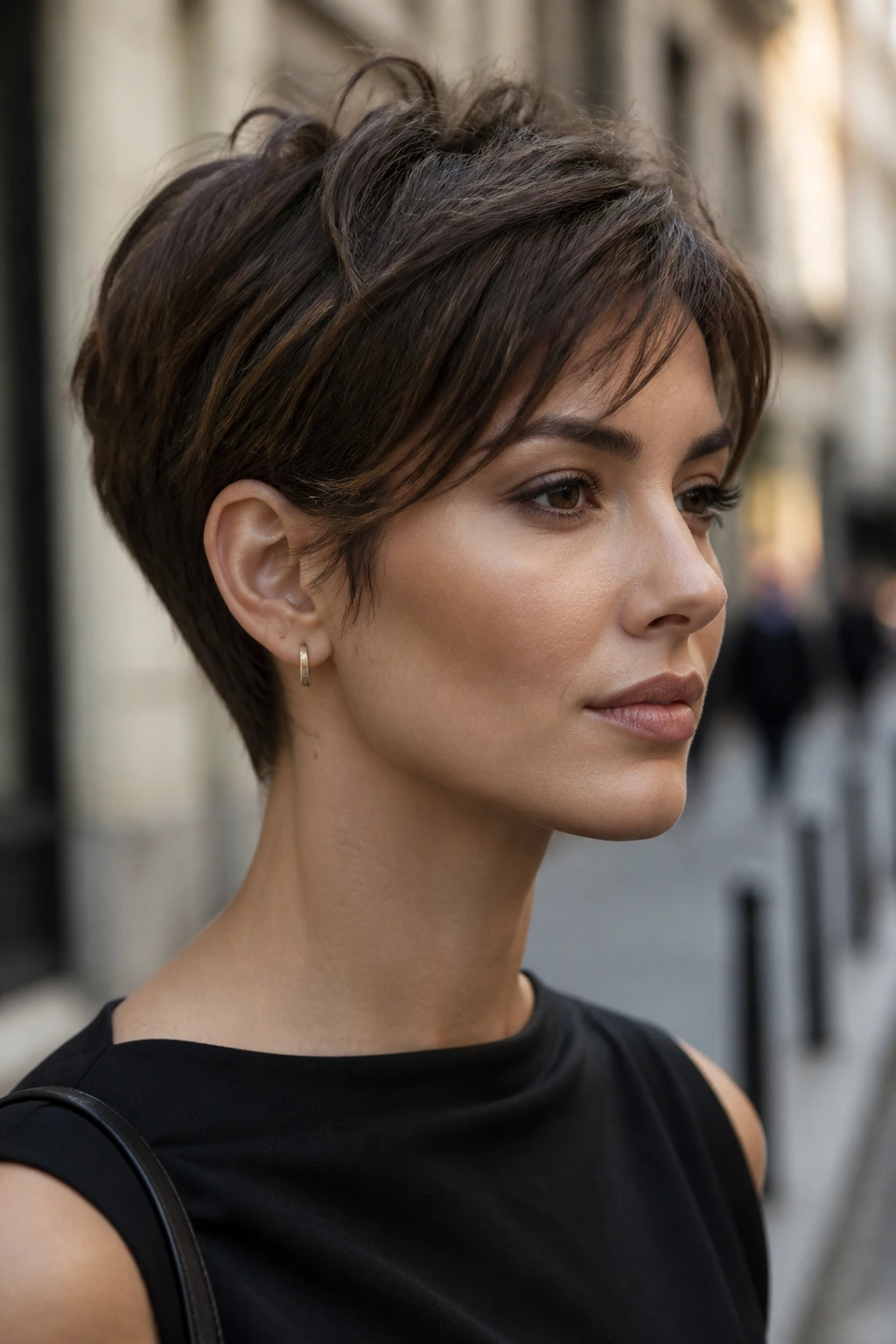 Close-up of a real person with ear-tuck pixie, ears tucked neatly behind with wispy temple pieces.