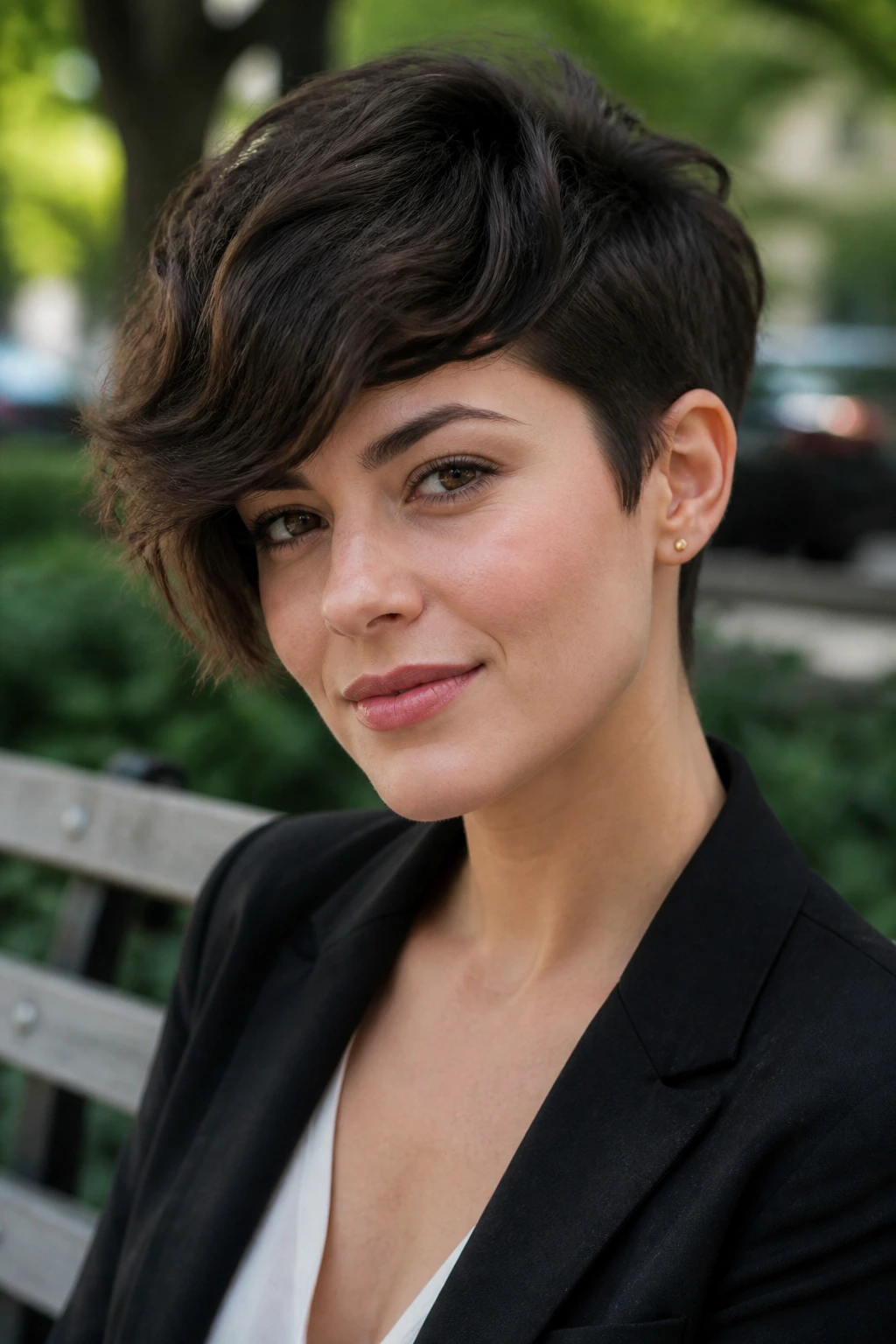 Real woman with ear-tuck side-swept pixie hairstyle on a park bench