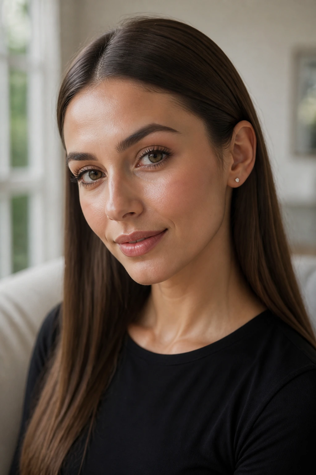 Portrait of a woman with ears tucked sleek lengths hairstyle