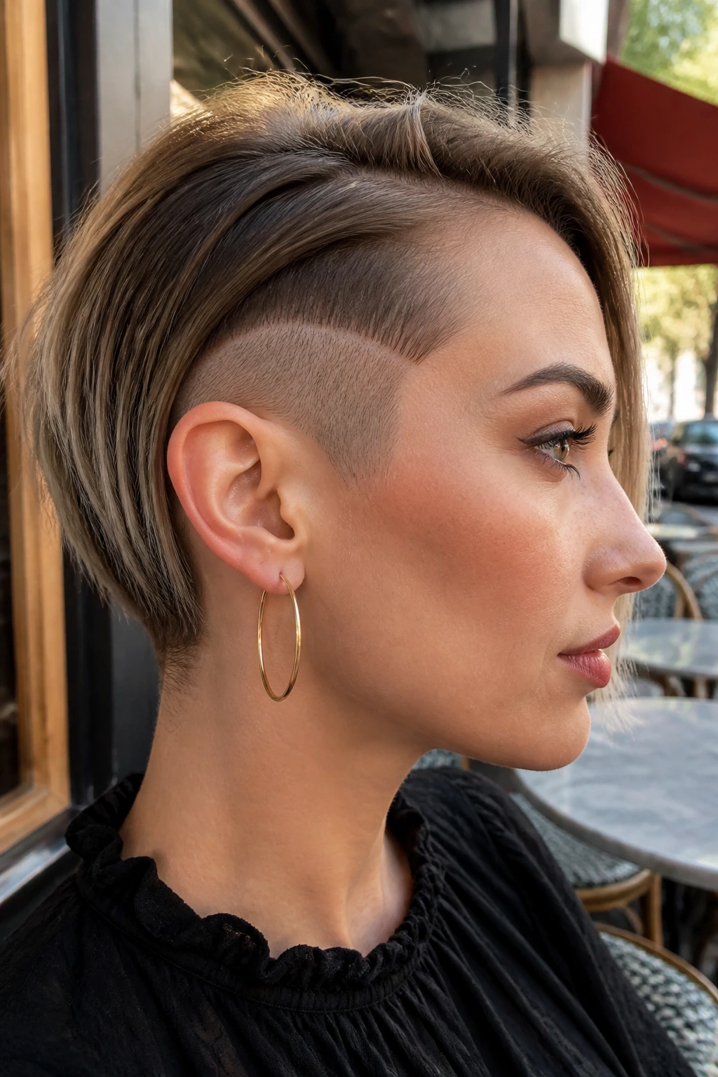 Side-profile portrait of a woman with curved ear-tuck undercut tucked behind the ear