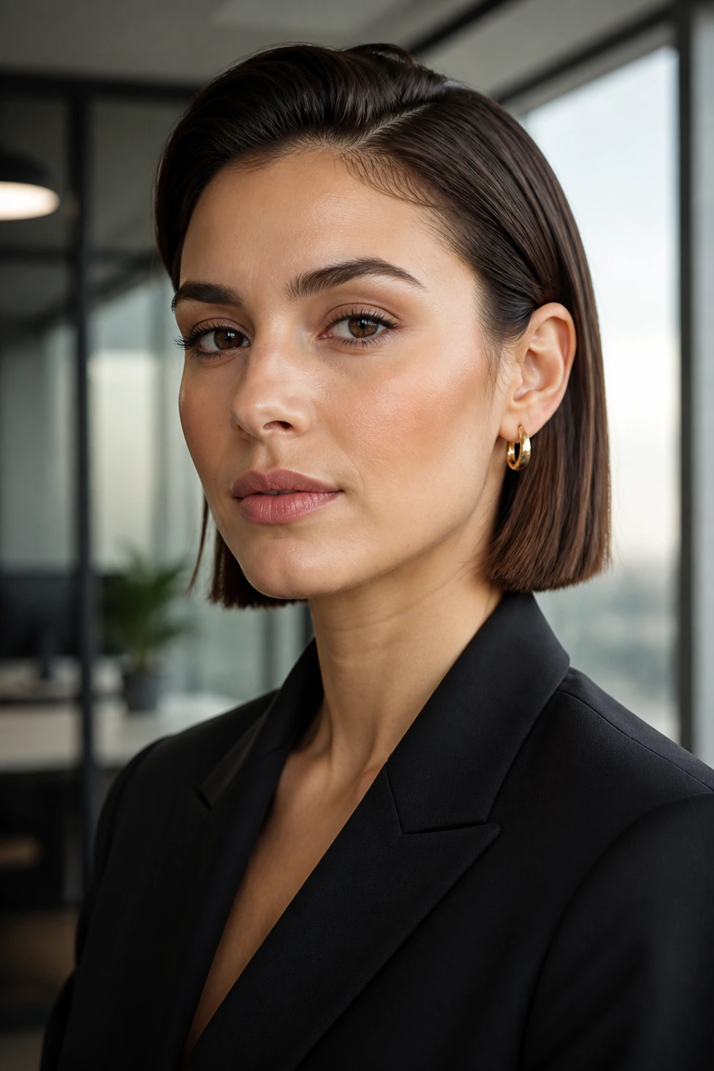 Close-up portrait of a real woman with an ear-tucked blunt bob, ears visible and sharp jawline.