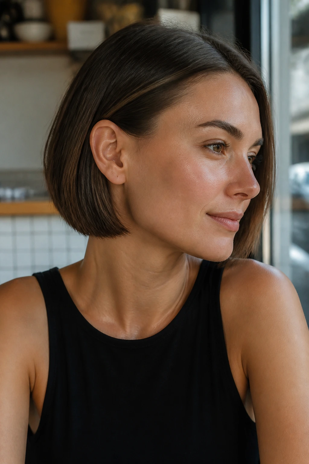 Portrait of a person with an ear-tucked bob in natural daylight