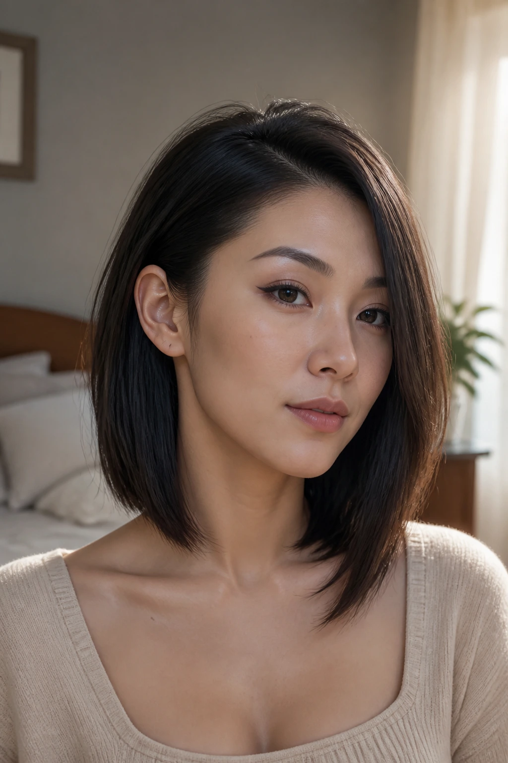 Real-woman portrait showing ear-tucked collarbone lob with one side behind the ear