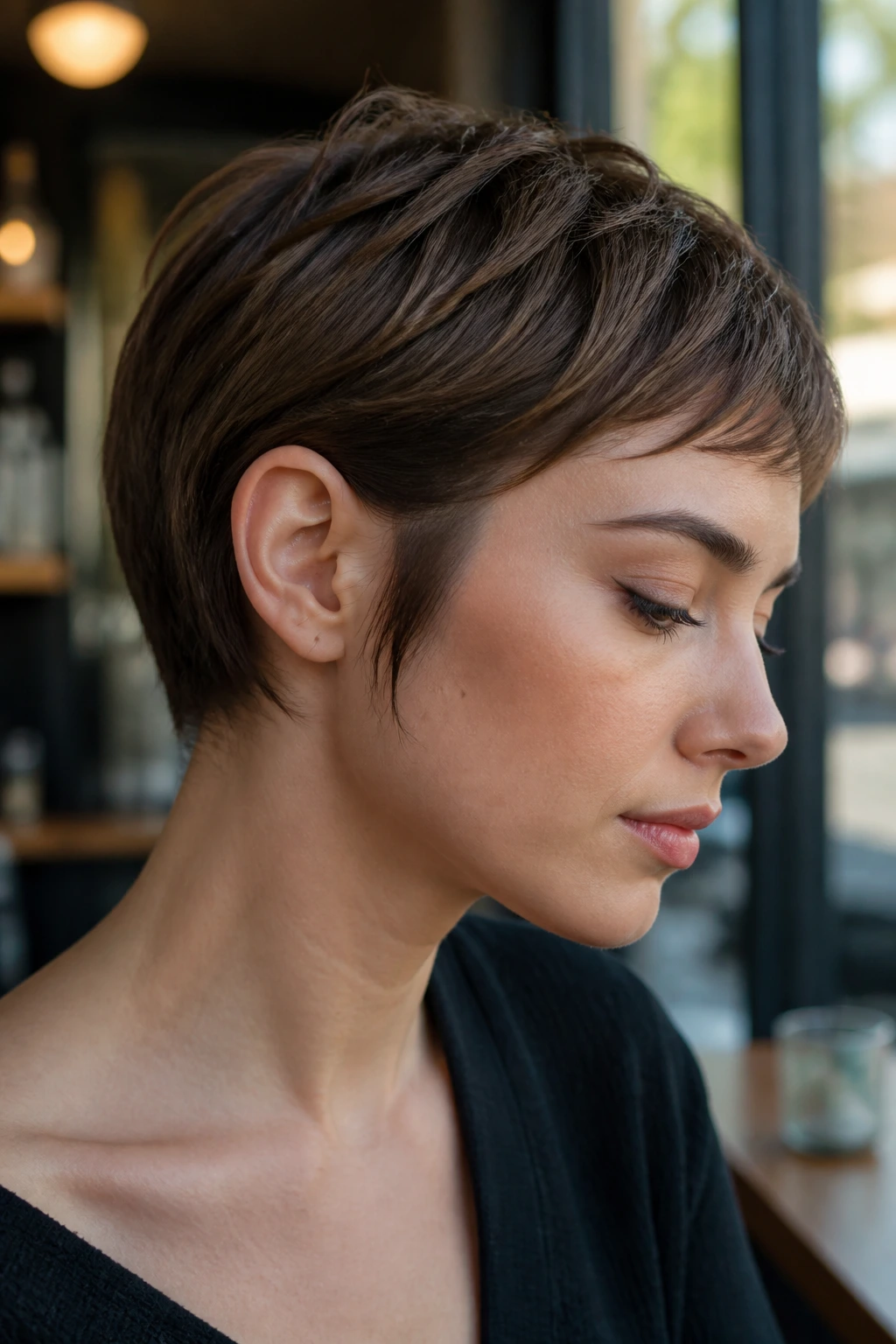 Close-up of ear-tucked crop with choppy sideburns on a real woman