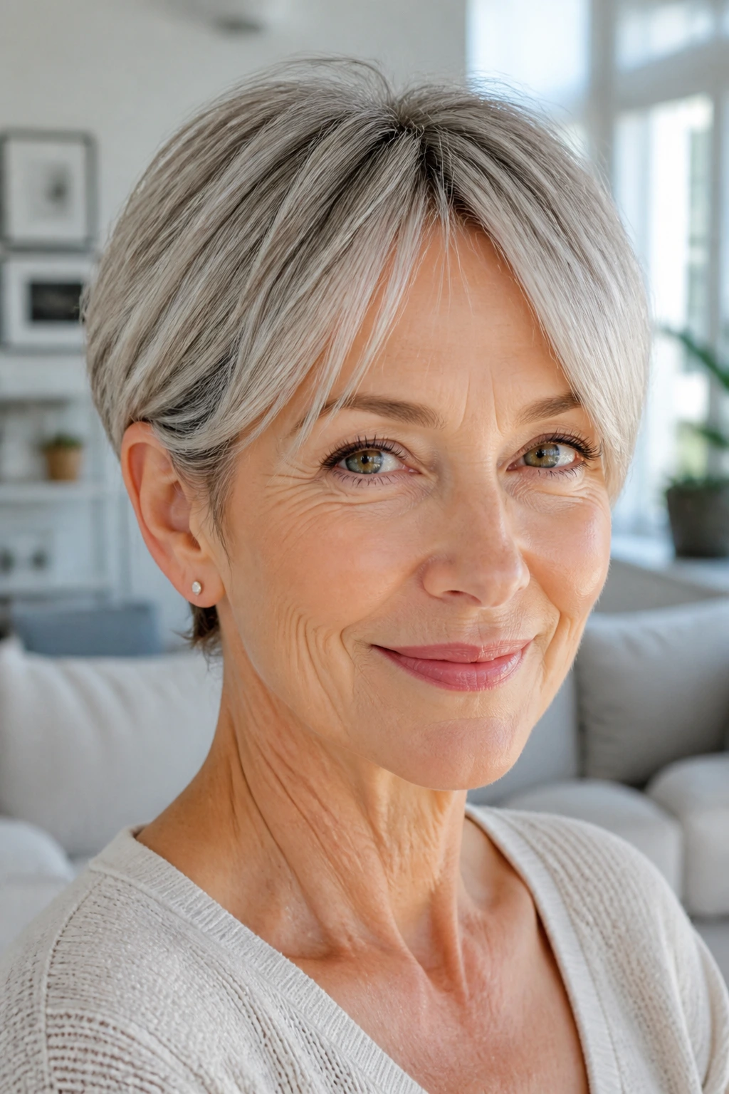 Real woman with ear-tucked crop and split fringe in bright room light