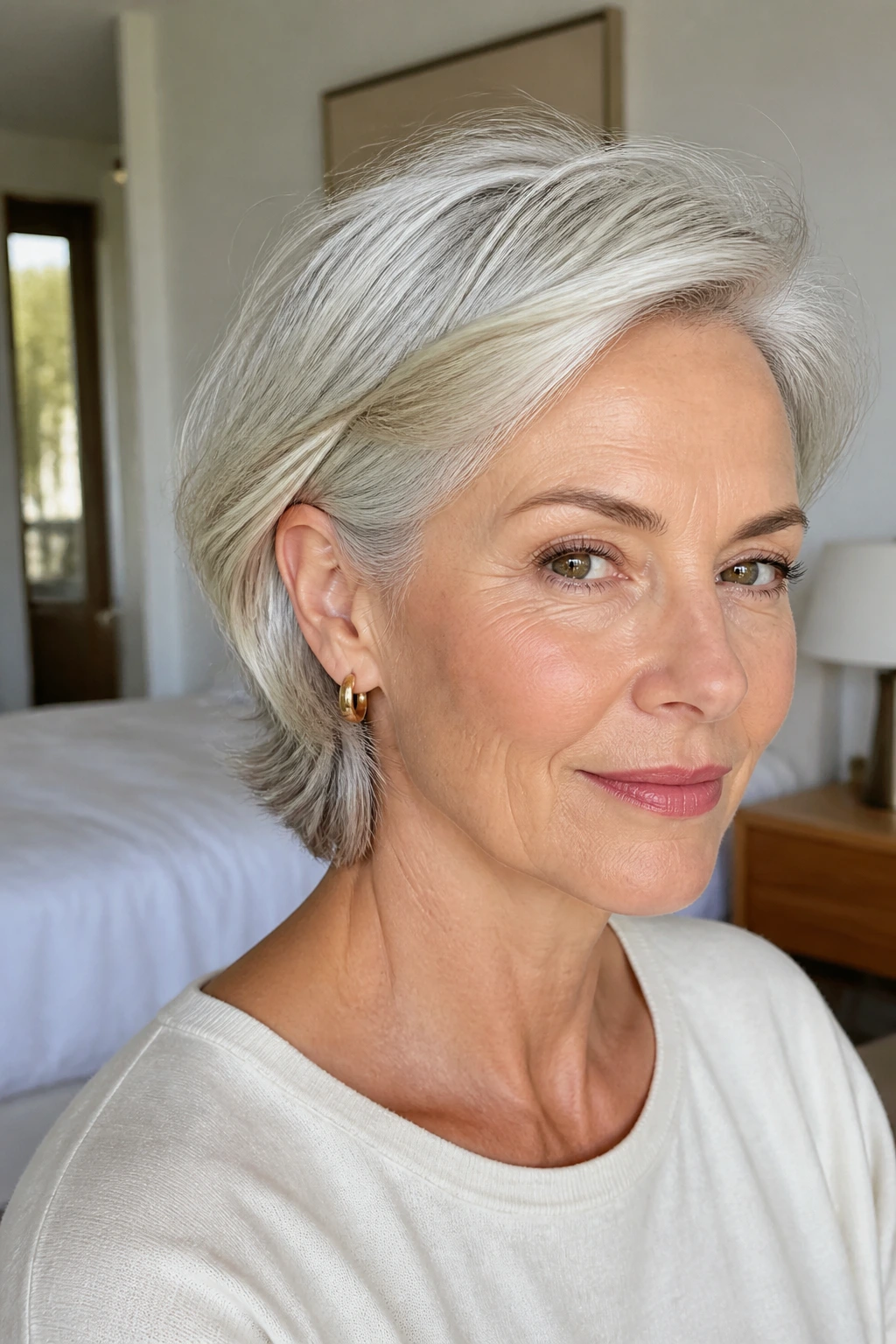 Close-up of real woman with Ear-Tucked French Shag behind-ear tuck