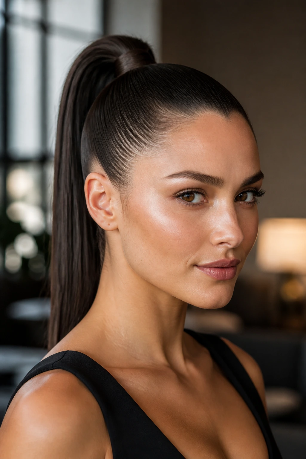 Close-up real woman with ear-tucked high ponytail emphasizing cheekbones