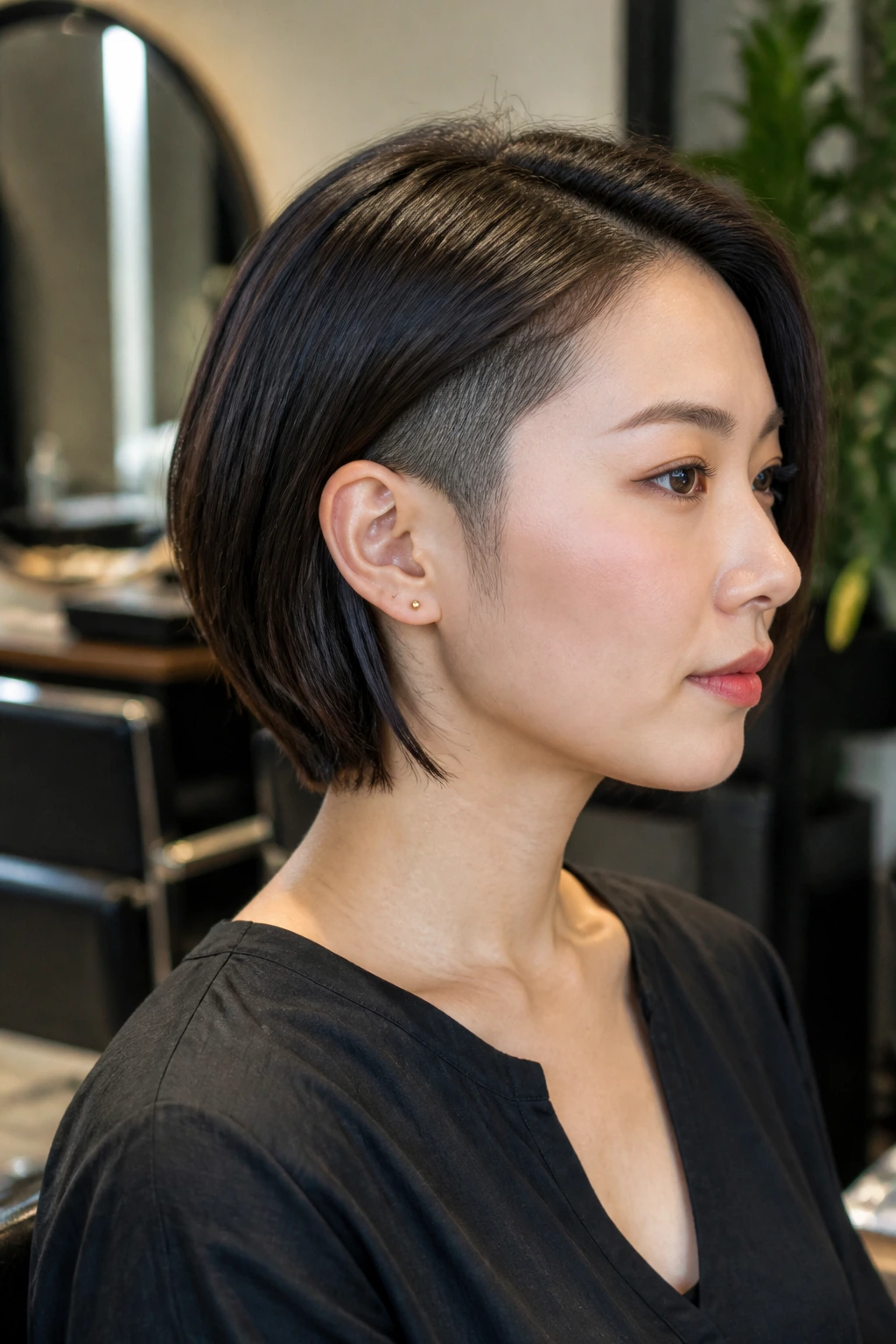 Side profile of a real woman with ear-tucked lob and temple undercuts