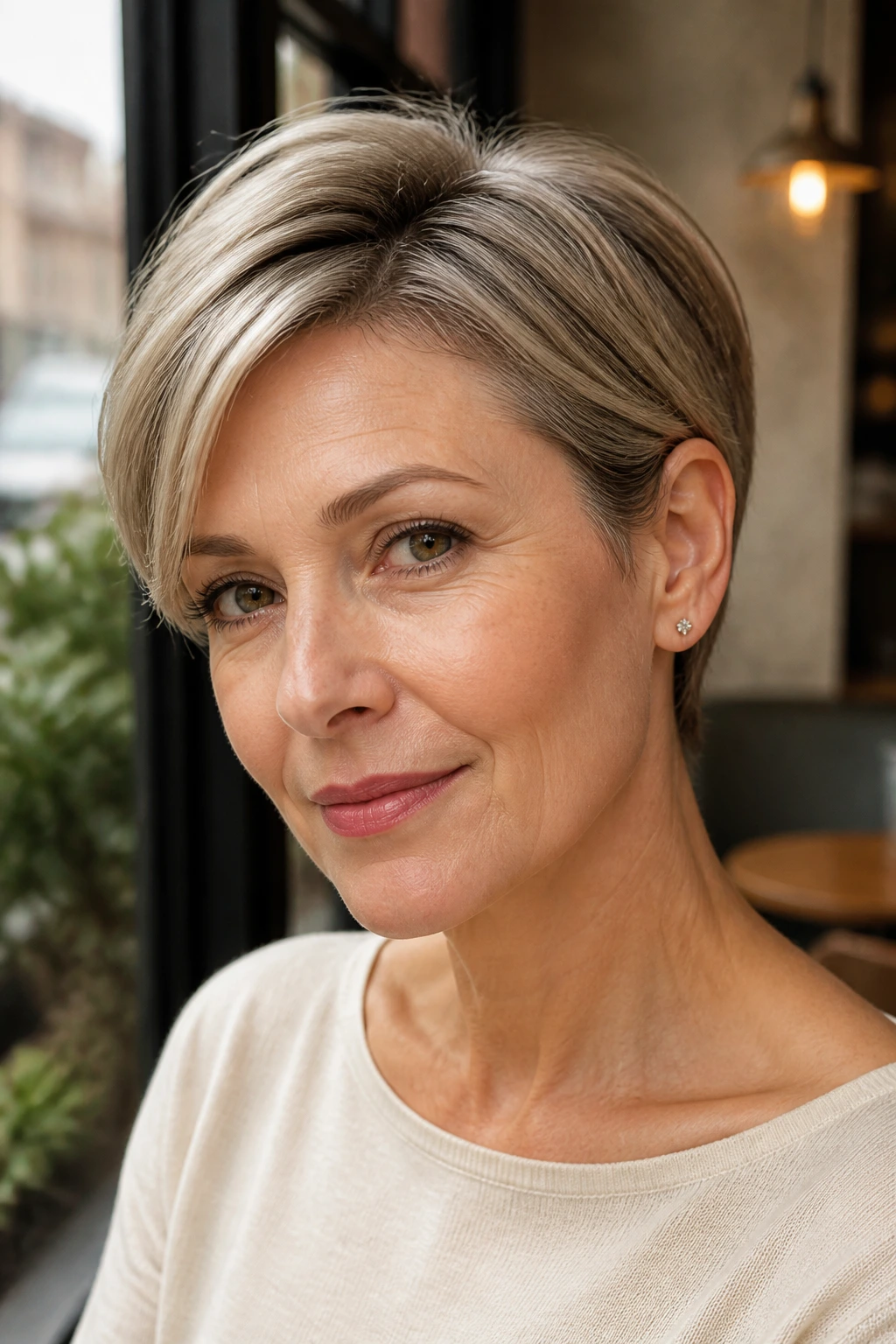 Portrait of a woman with ear-tucked long pixie hairstyle
