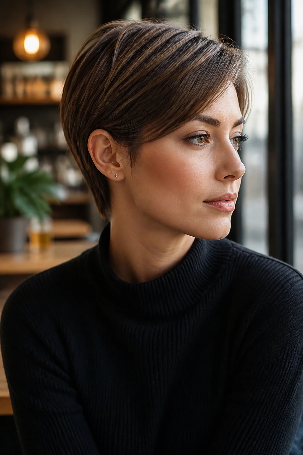 Close-up portrait of a real woman with an Ear-Tucked Elegant Pixie