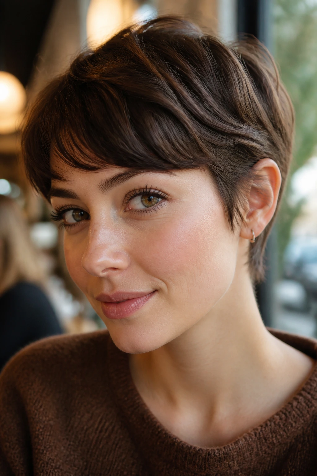 Real woman with ear-tucked pixie under warm cafe light