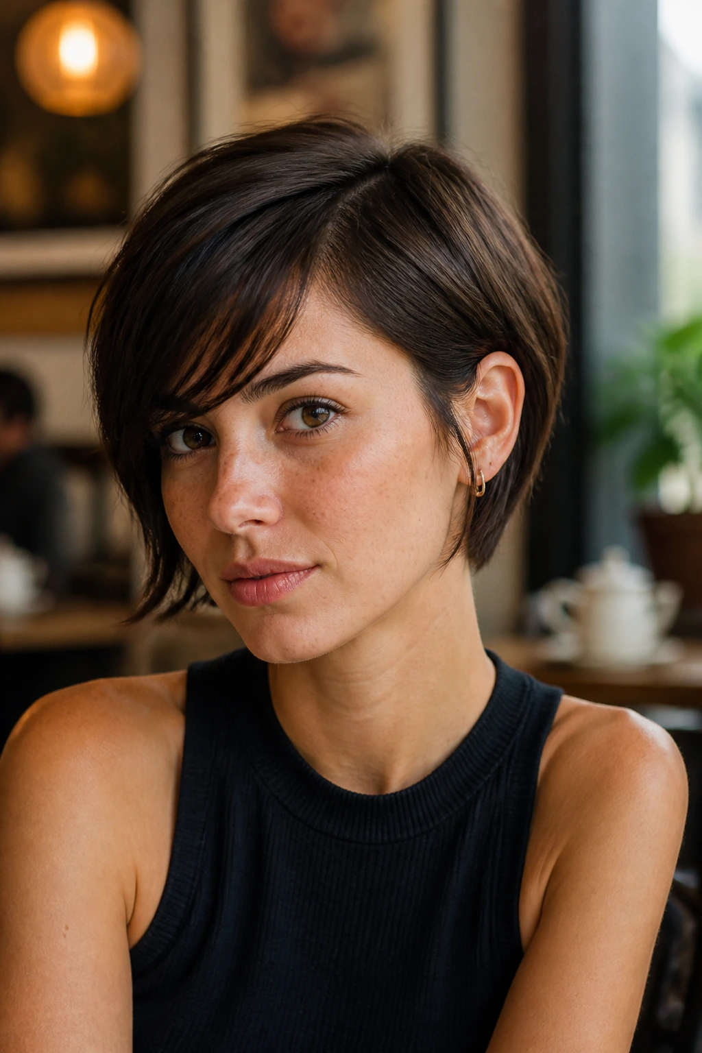 Close-up portrait of a real woman with Ear-Tucked French Pixie Bob, with ends tucked behind ear.