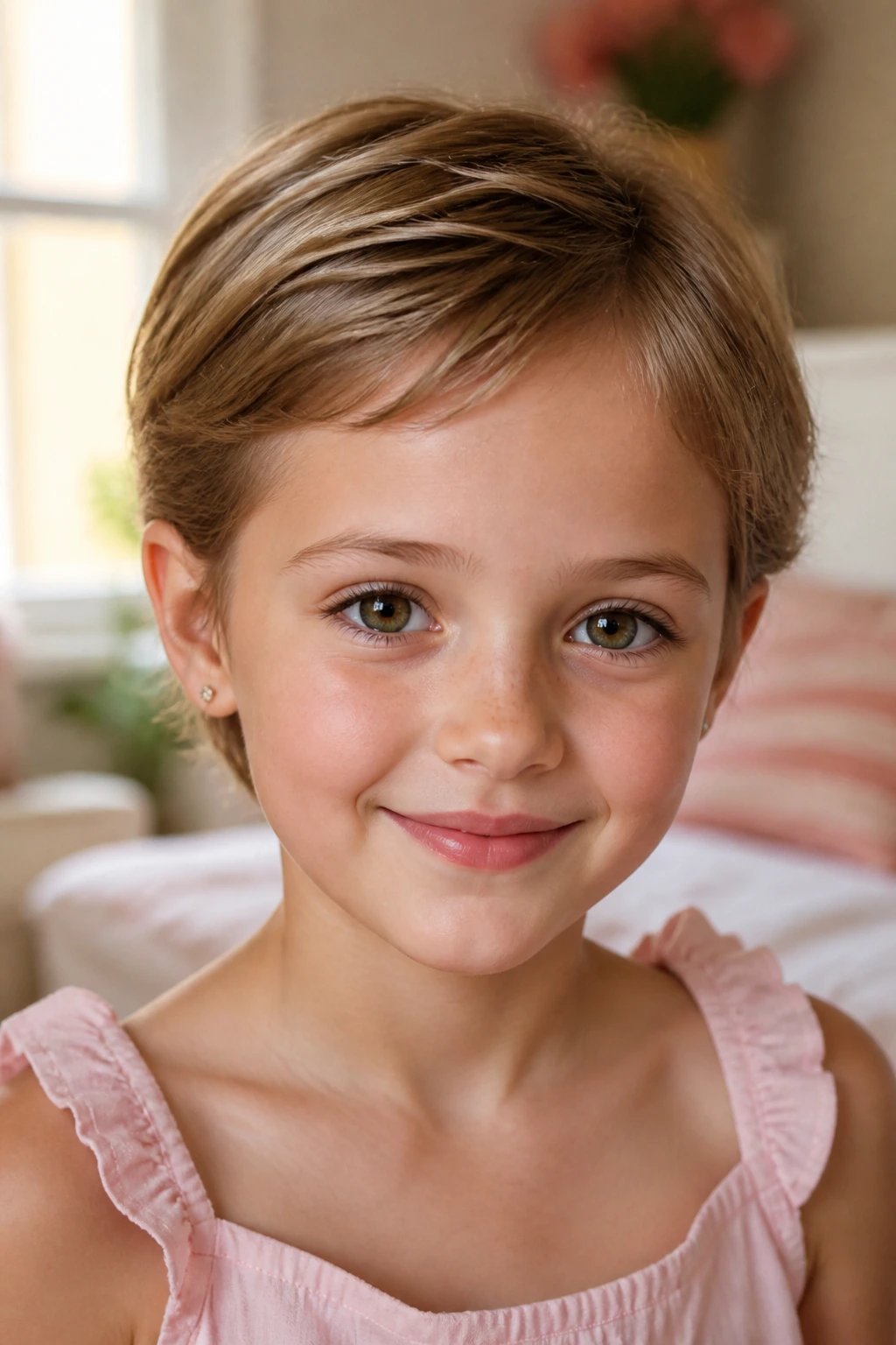 Close-up portrait of a girl with ear-tucked pixie hairstyle in warm bedroom light.