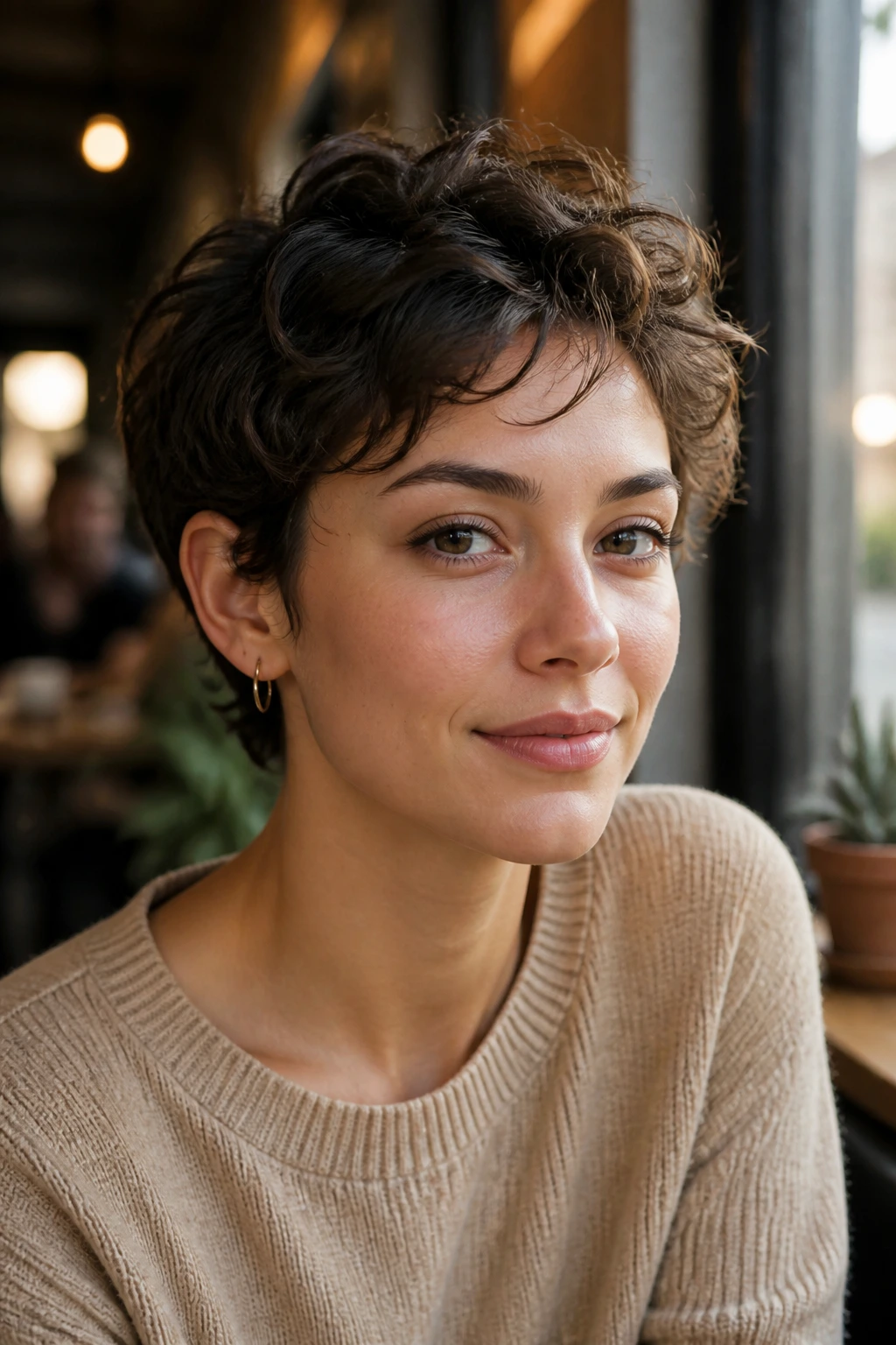 Close-up of person with ear-tucked curly pixie behind-the-ear movement and temple curls