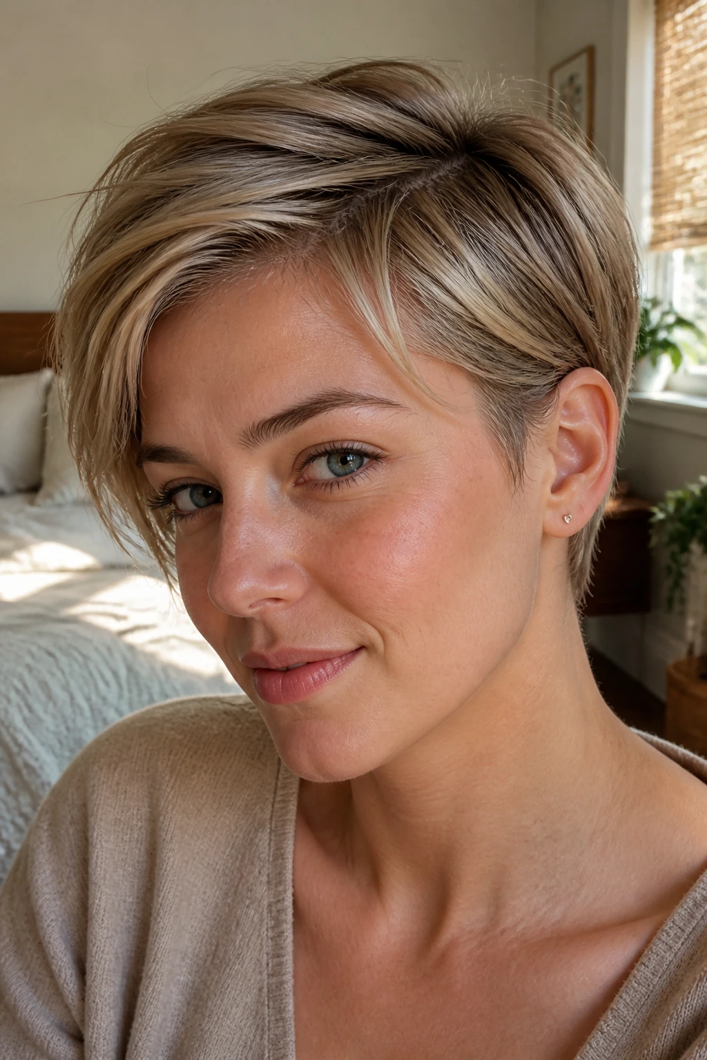 Close-up portrait of a real woman with an ear-tucked pixie haircut, one side tucked behind the ear.