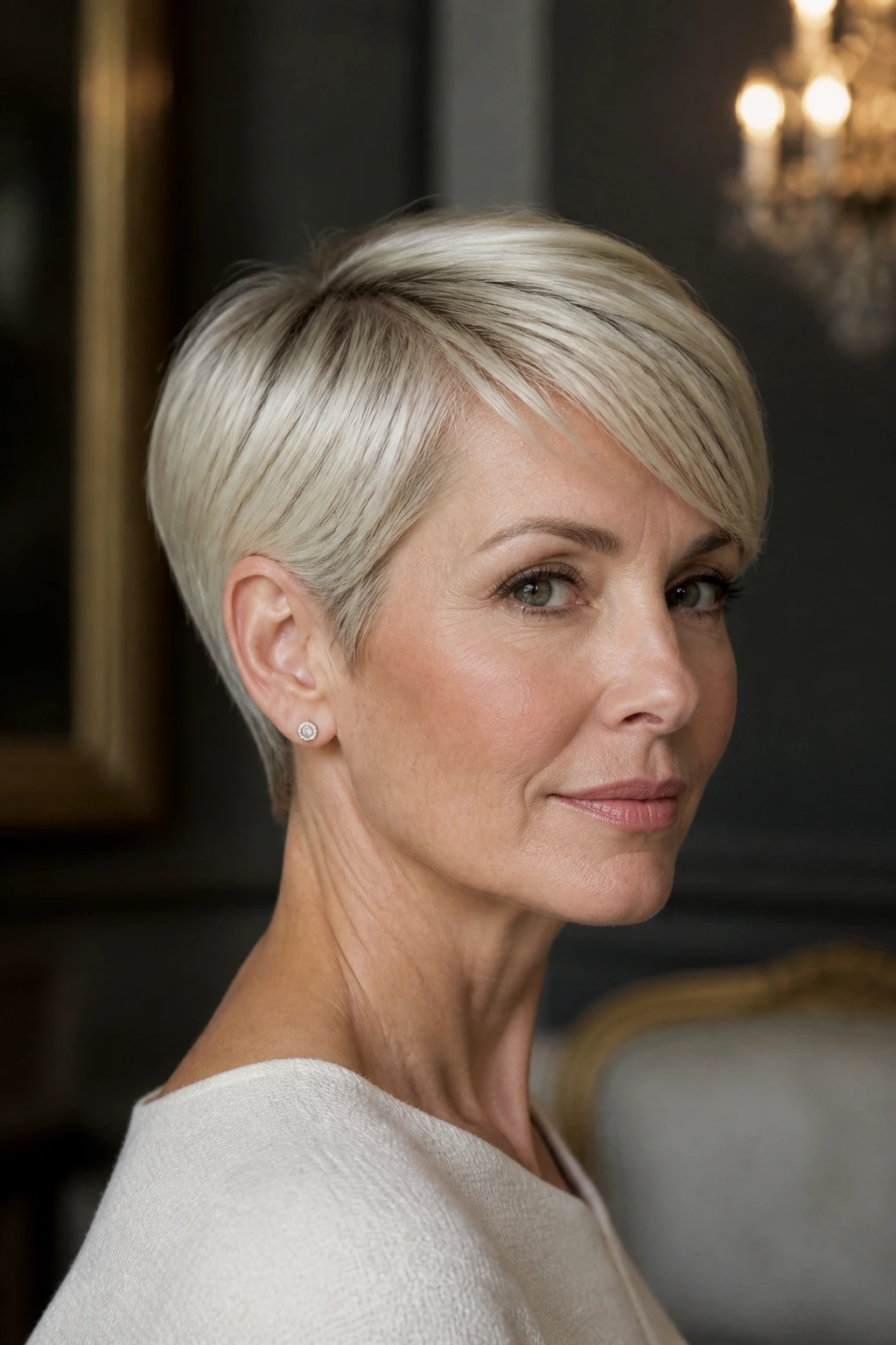 Close-up of a real woman with Ear-Tucked Sculpted Pixie showing ear tucked behind the ear in a shell silhouette.