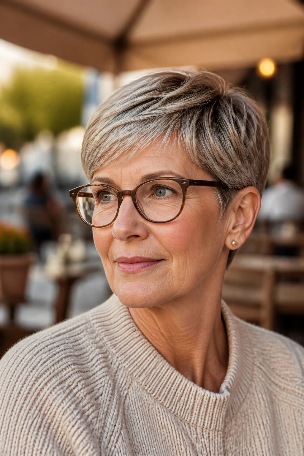 Portrait of a real woman with ear-tucked pixie in outdoor cafe setting.