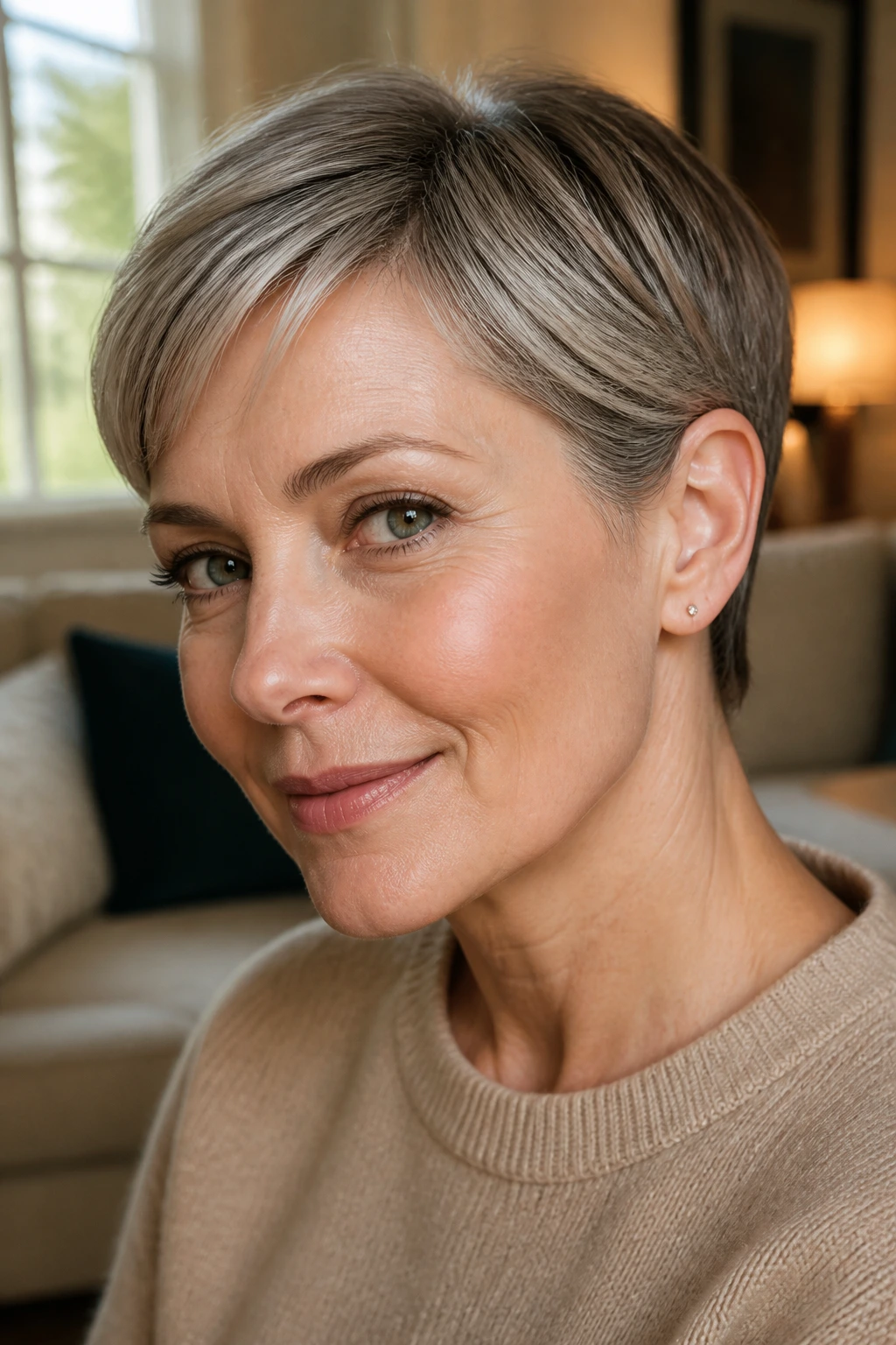 Close-up portrait of a real woman with ear-tucked pixie hairstyle
