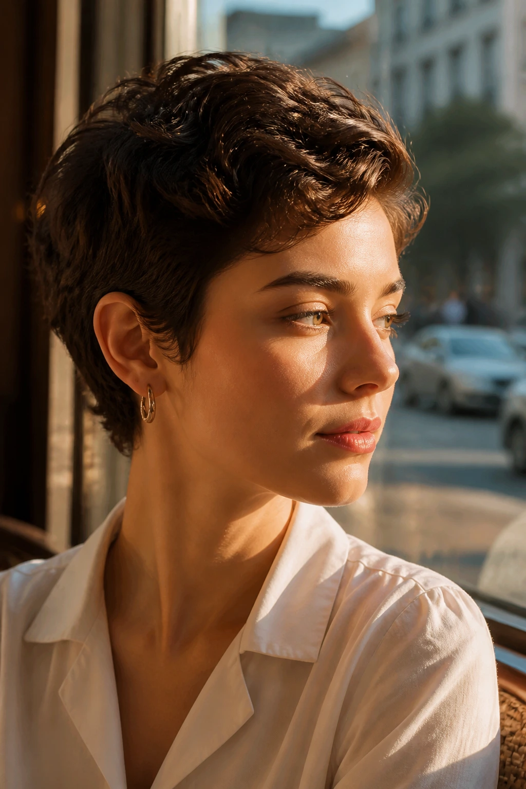 Portrait of a woman with Ear-Tucked Pixie hairstyle in golden hour light.