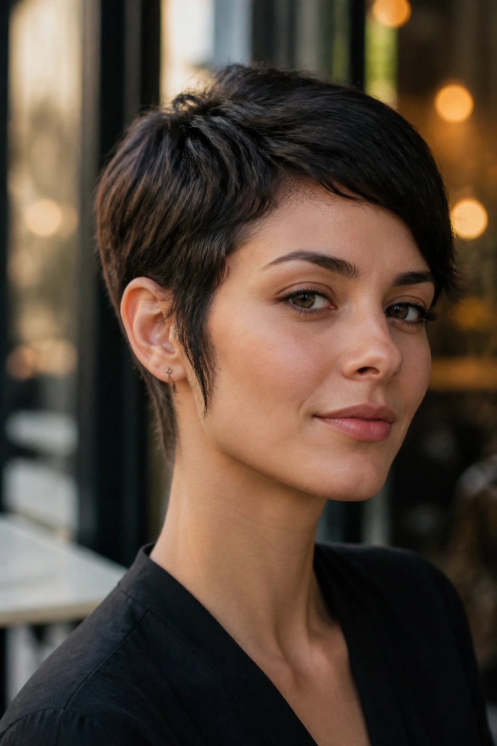 Close-up portrait of a real person with ear-tucked pixie and long sideburns