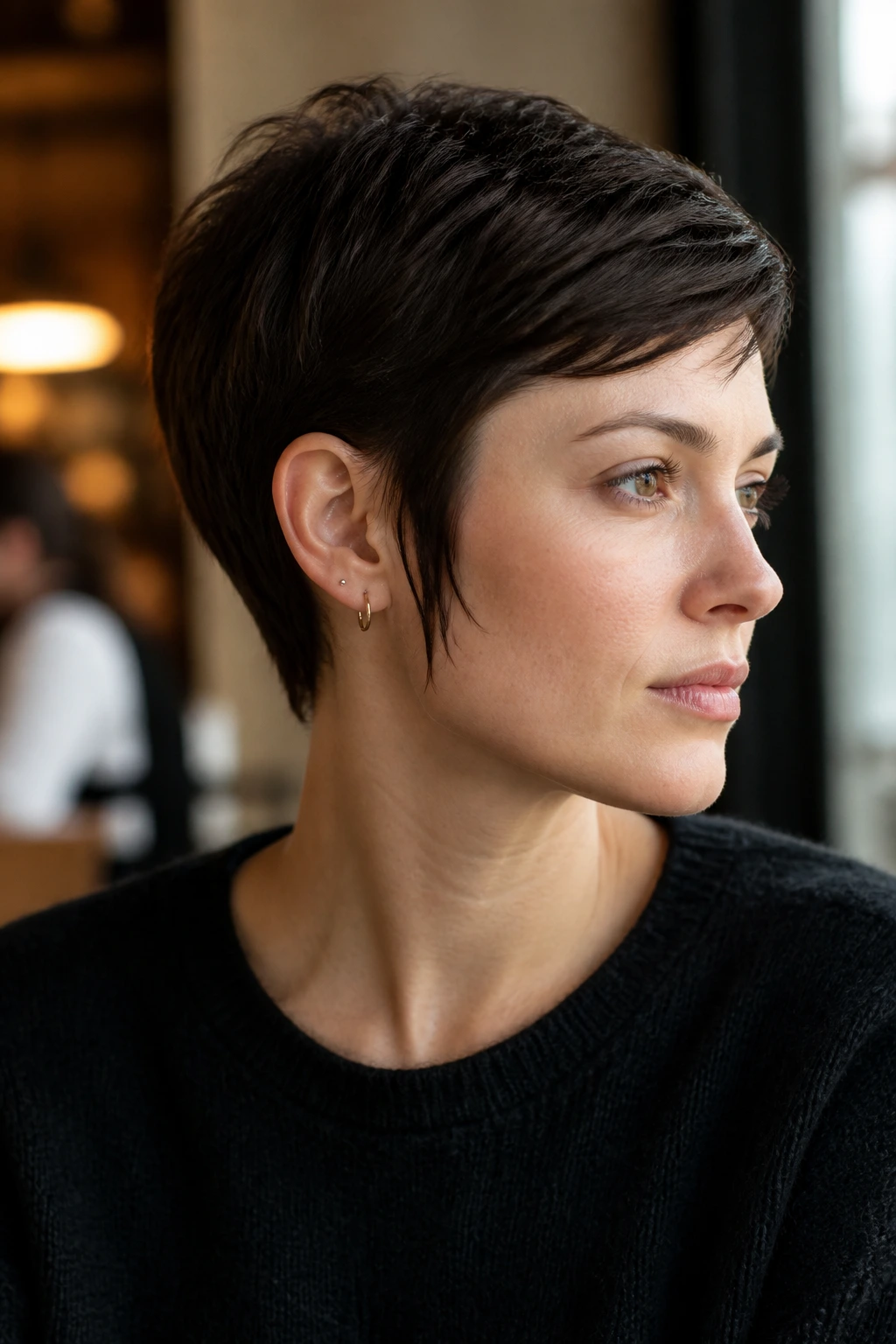 Close-up portrait of a real person with ear-tucked pixie and long sideburns