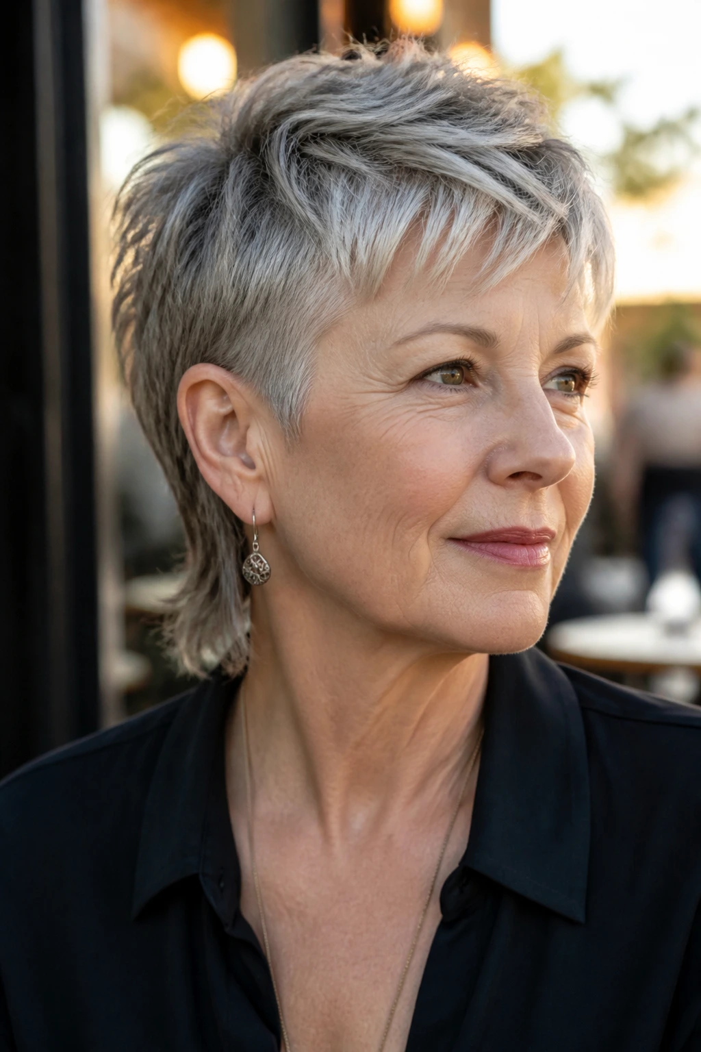 Close-up of an older woman with ear-tucked pixie mullet showing behind-the-ear tuck