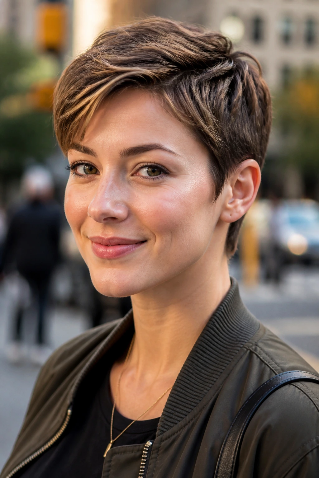 Close-up of a real woman with ear-tucked pixie and open face in daylight
