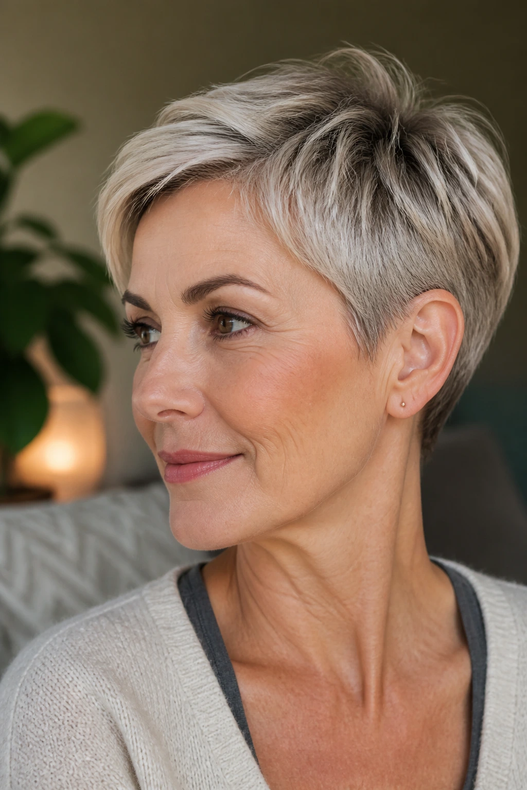 Close-up portrait of a real woman with an ear-tucked pixie and open temples