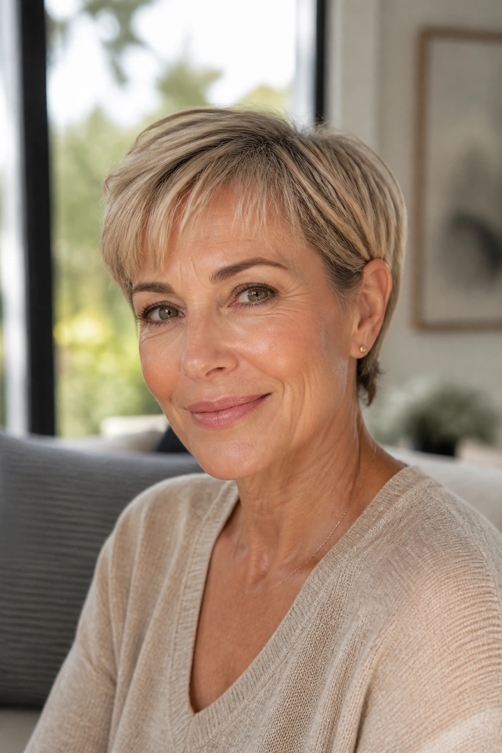 Portrait of a woman with ear-tucked soft crop haircut