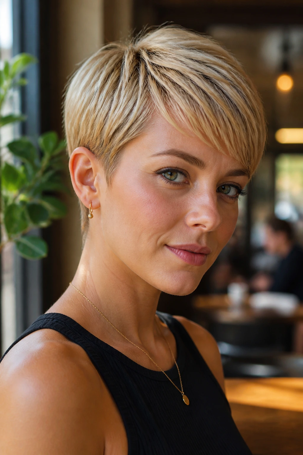 Close-up of a real woman with ears tucked behind the pixie