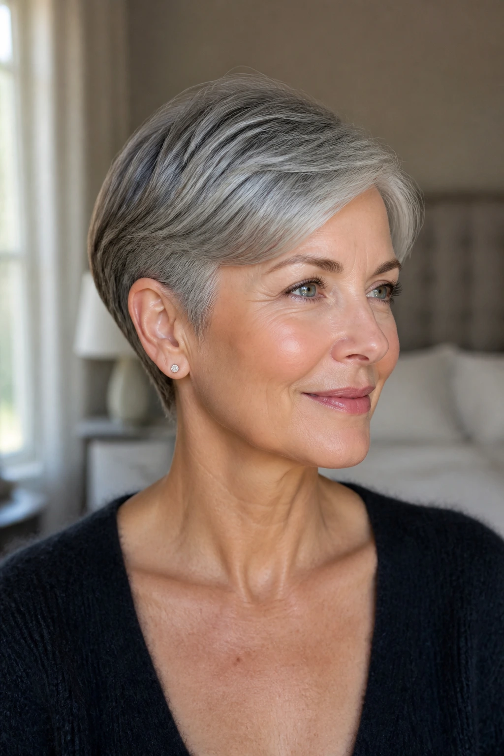 Close-up of a woman with an ear-tucked pixie showing a neat nape and tucked sides in warm natural light