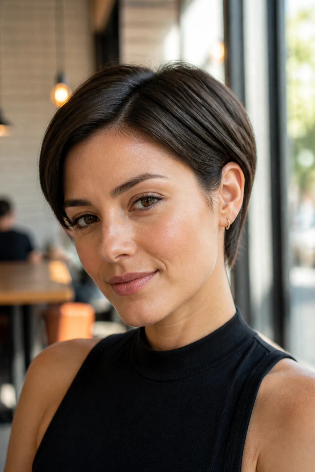 Portrait of a real woman with sleek ear-tucked pixie