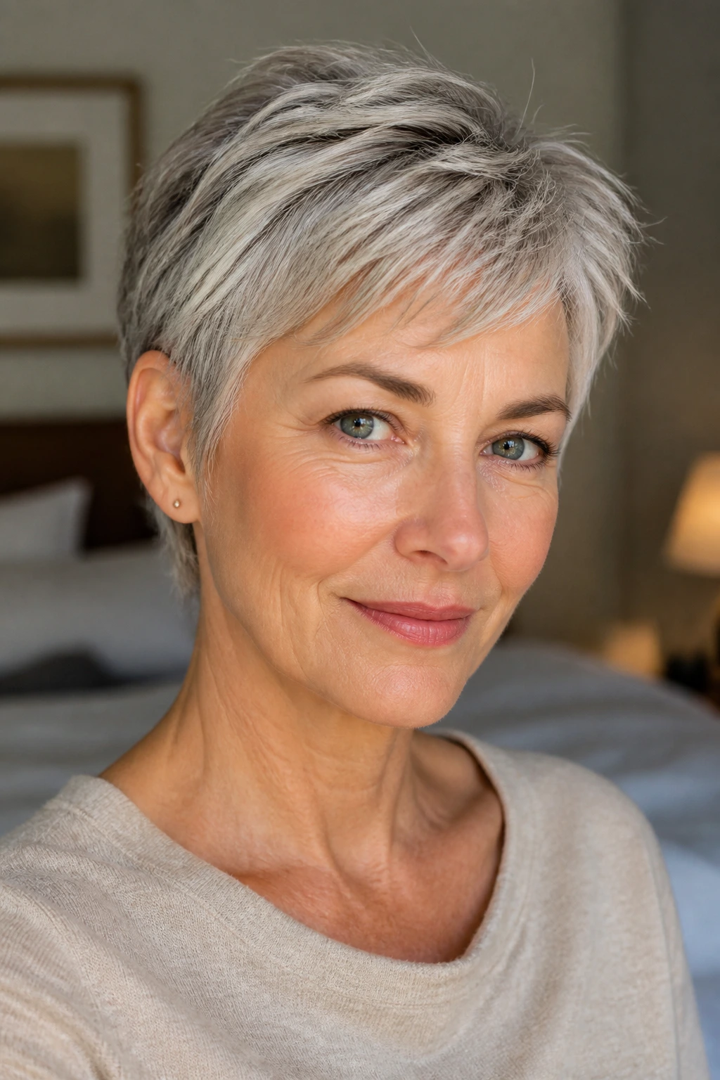 Close-up portrait of a real woman with ear-tucked pixie and wispy temples in soft window light