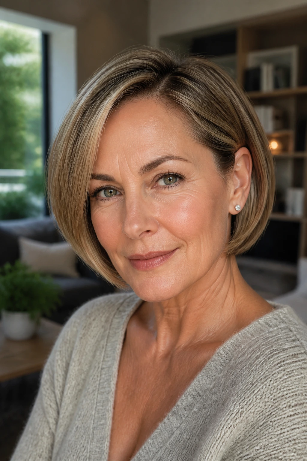 Close-up portrait of a woman with ear-tucked rounded bob