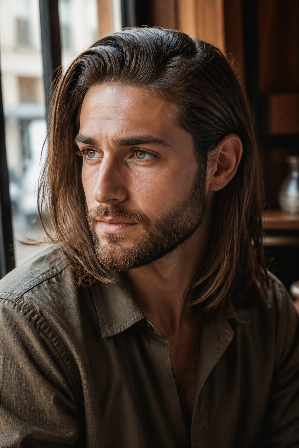 Close-up portrait of a man with ear-tucked shoulder sweep long hair by a sunlit cafe window