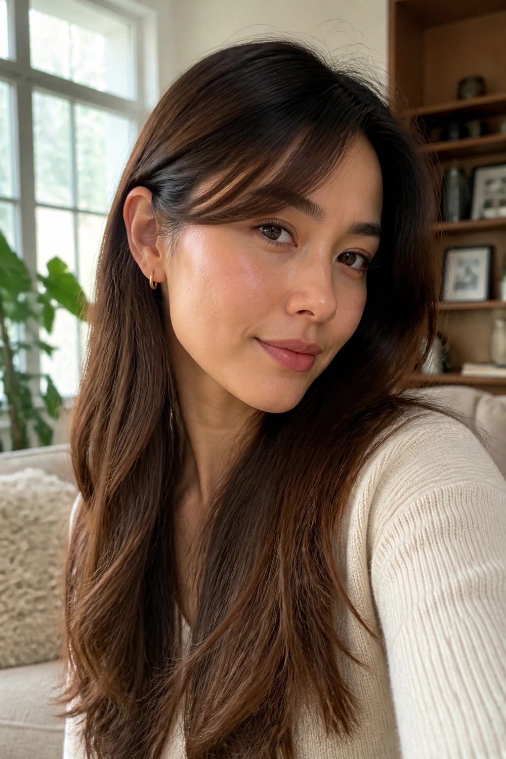 Close-up of a real woman with ear-tucked side bangs growing out gracefully.