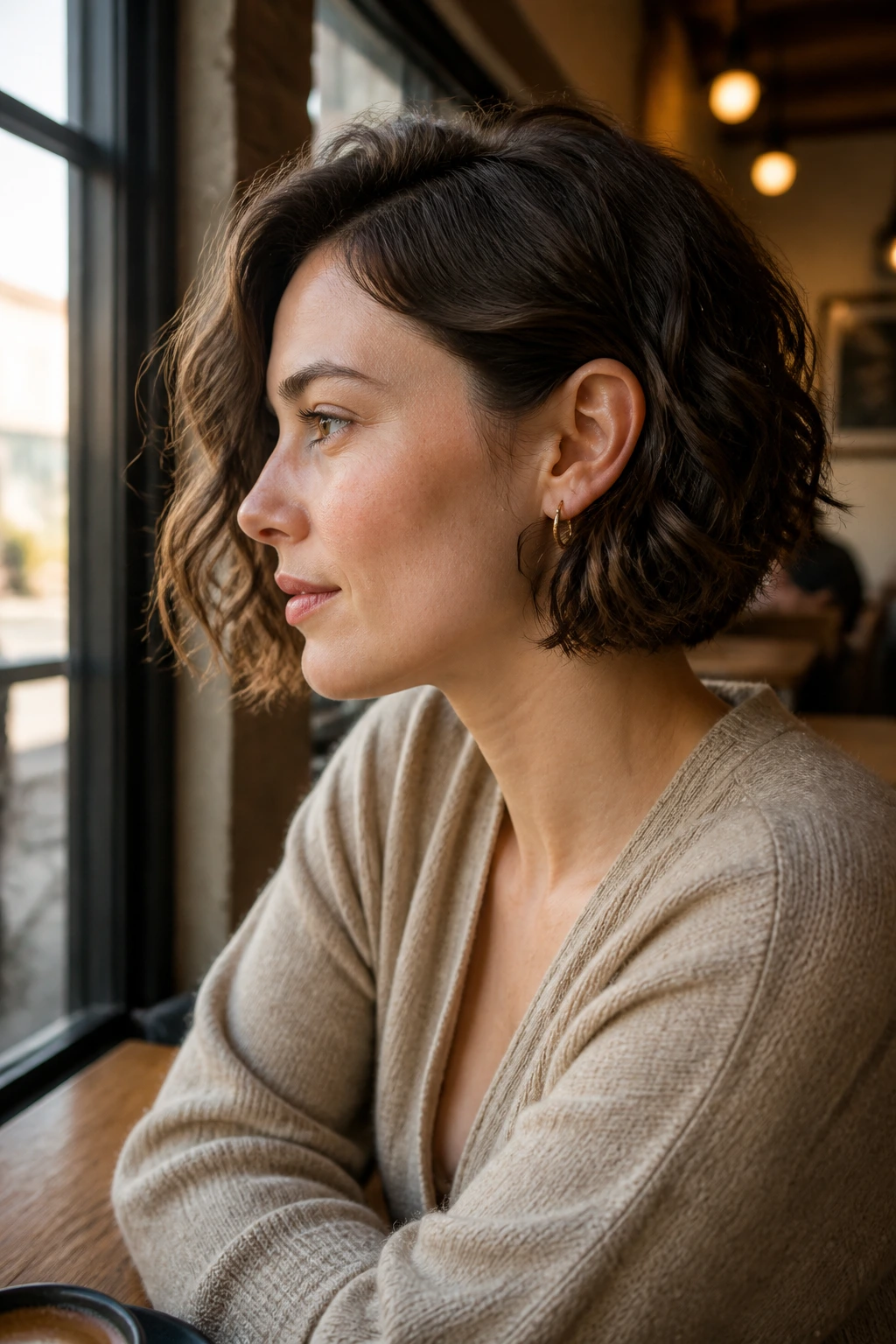 Close-up of a real woman with an ear-tucked wavy bob showing asymmetry