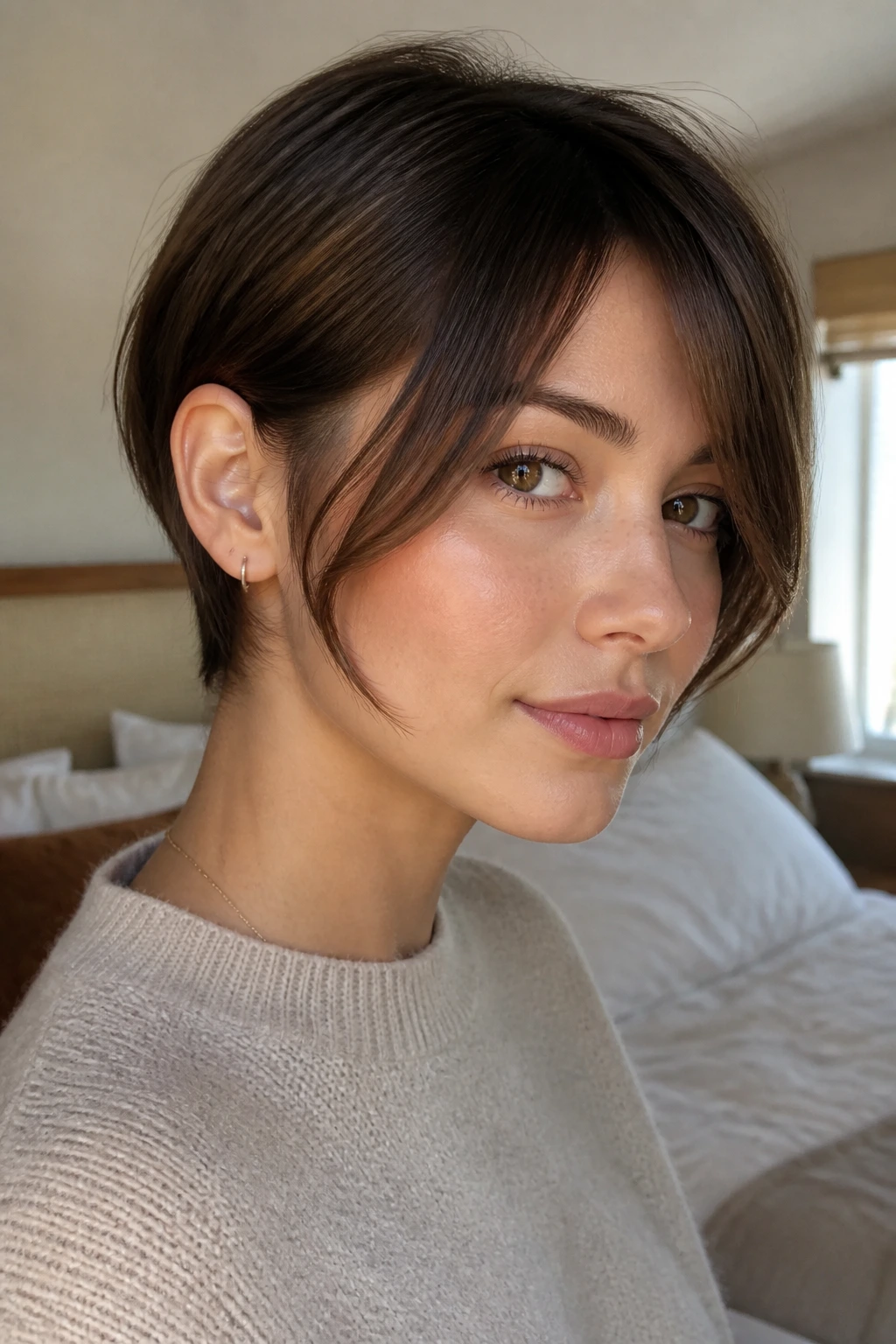 Close-up portrait of a real person with ear-tucking long fringe framing the face