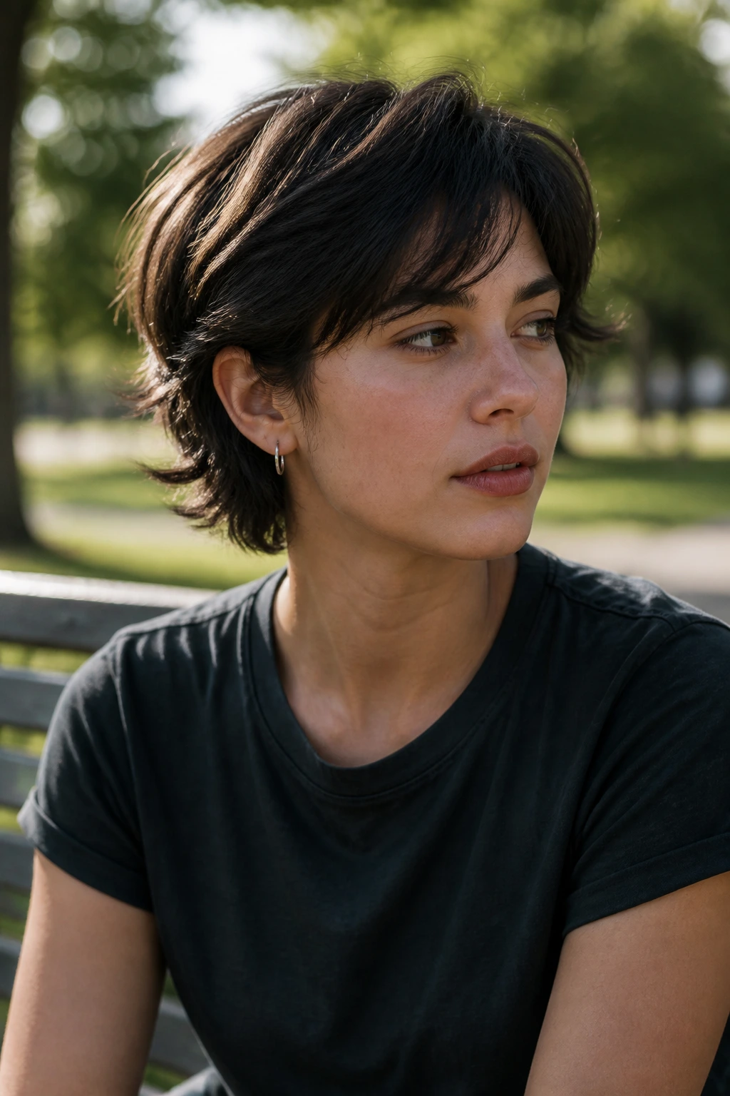Close-up portrait of a real person with an ear-length layered tomboy cut.