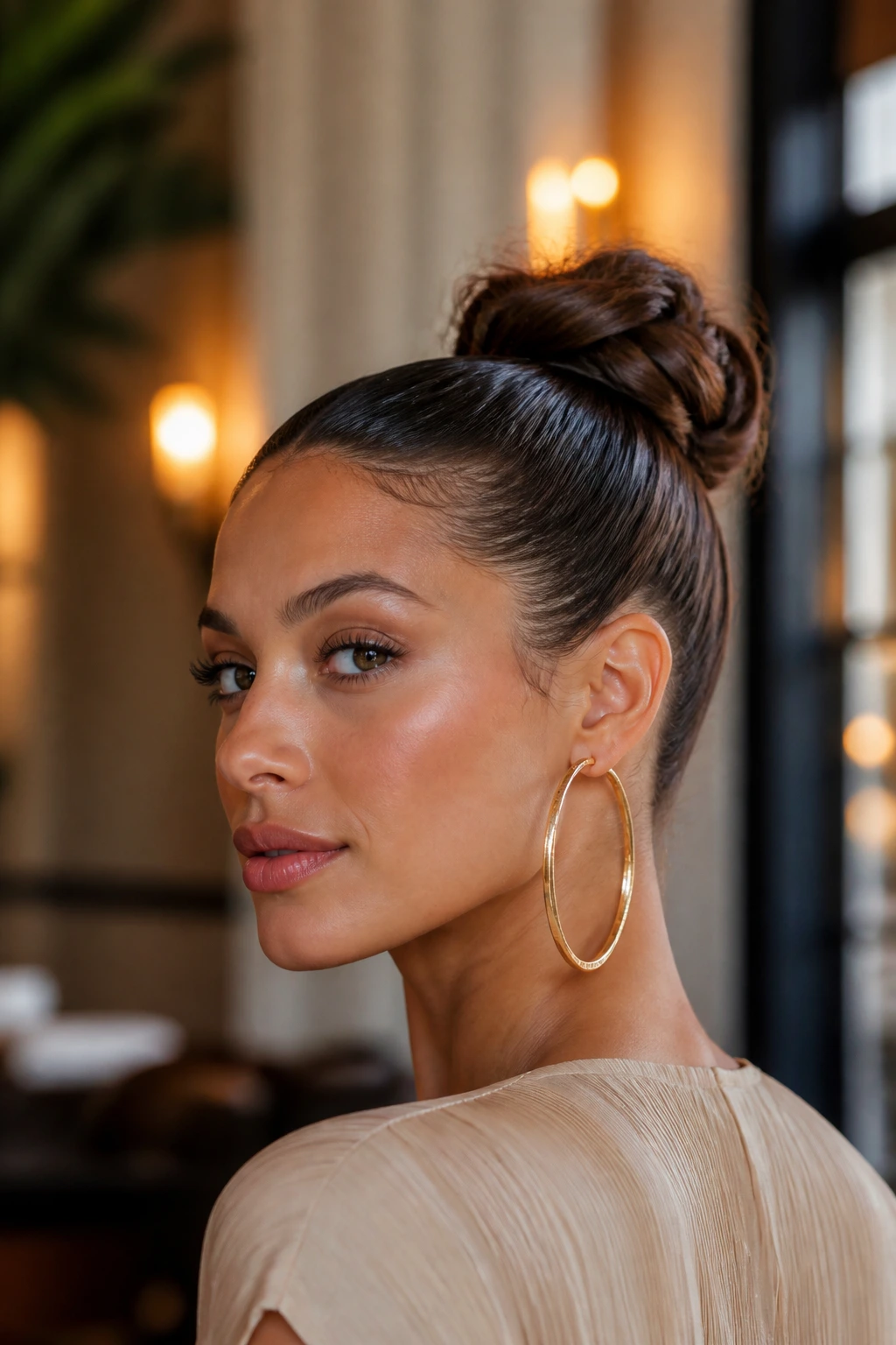 Close-up of a real woman with high bun and large hoop earrings