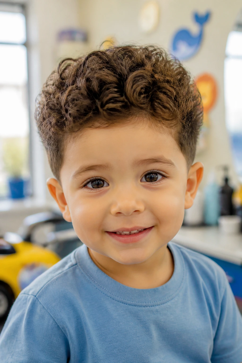 Toddler with ears-out scissor cut and curls above ears, portrait