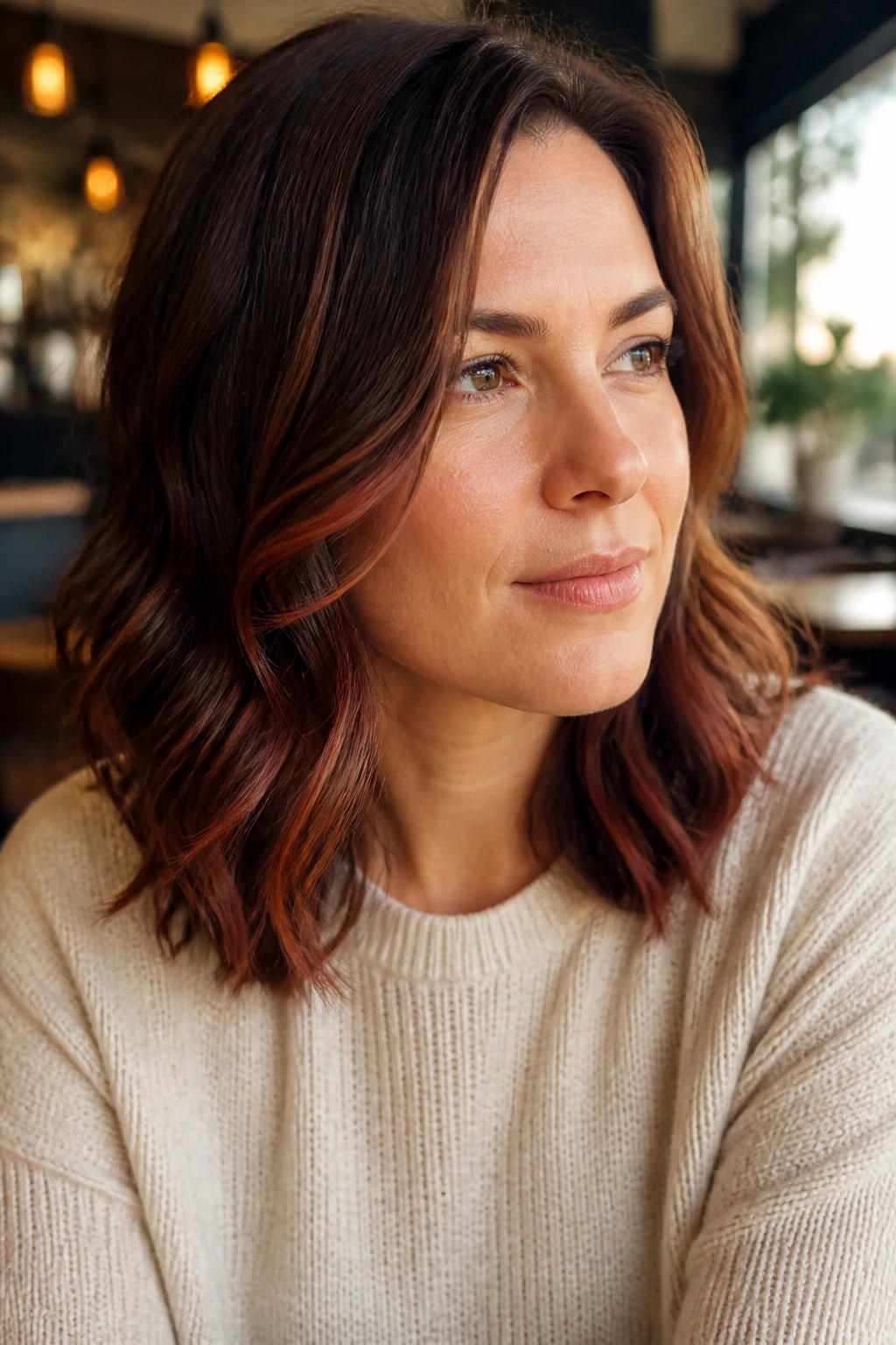 Close-up portrait of brunette with earthy chestnut and auburn threads in daylight cafe setting