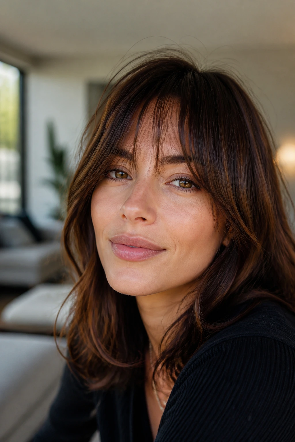 Close-up of a real woman's easy, lightweight fringe under natural light