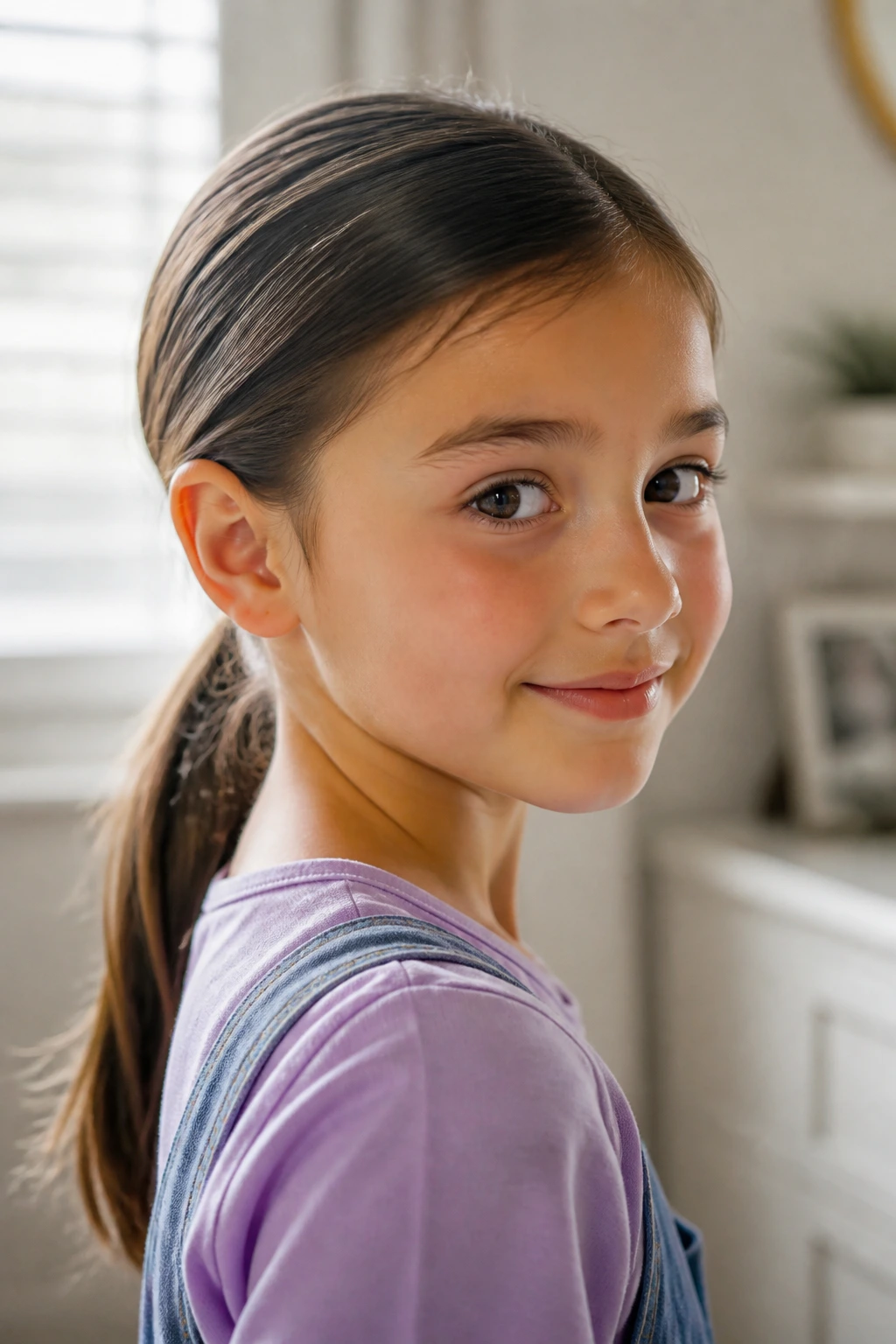 Child with easy low ponytail in morning light.