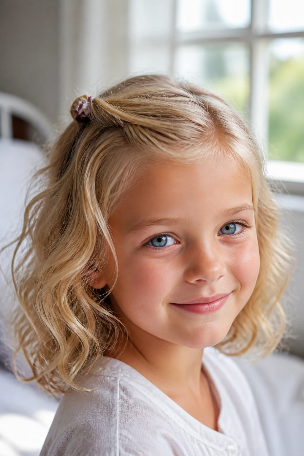 Close-up of a real girl's hair in a simple half-up style with a small clip